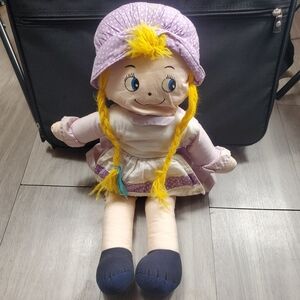 Rare 1992 Plush Rag Doll in Purple Dress with Yellow Yarn Hair - Kids Toy